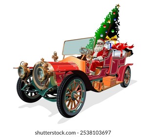 Vector Santa Claus driving Christmas retro car. Available EPS-10 format separated by groups and layers for easy edit