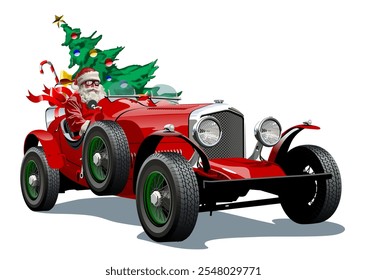 Vetor Santa Claus dirigindo o carro retro de Natal. O formato EPS-10 disponível é separado por grupos e camadas para facilitar a edição