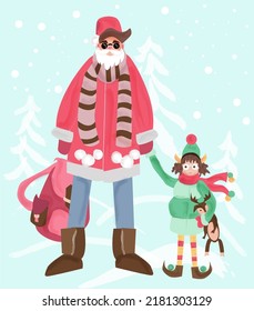 VECTOR OF SANTA CLAUS AND ELF COSPLAY. SANTA CLAUS IS HOLDING AN ELF GIRL BY THE HAND.