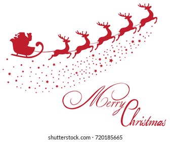 vector Santa Claus flying with reindeer Merry Christmas Background.