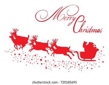 vector Santa Claus flying with reindeer Merry Christmas Background.