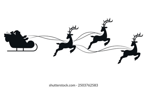 Vector Santa Claus is flying in sleigh with Christmas reindeer. Silhouette of Santa Claus, sleigh with Christmas presents and reindeer