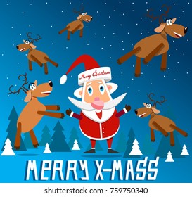 Vector Santa Claus in the forest, with Christmas reindeer, on Christmas Eve. Flat design. Post card.