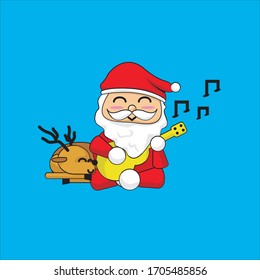 vector santa claus funny playing guitar with a deer with a blue background