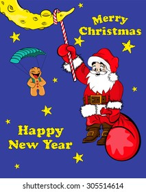 vector. Santa Claus with gift bag hanging on the stick caught on the moon. gingerbread man flying on a parachute. Christmas and new year.