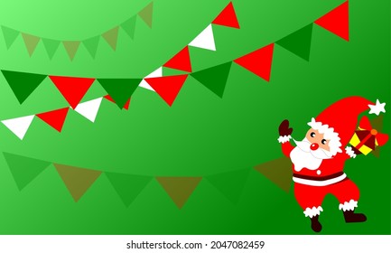 Vector de santa claus con regalo sobre fondo verde. Decoración con banderas verdes, rojas y blancas para el fondo de la tarjeta navideña.