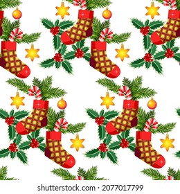 Vector - Santa Claus gifts seamless pattern with socks, fir twigs, candy and glass balls.