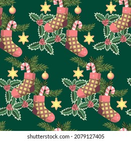 Vector - Santa Claus gifts seamless pattern with socks, fir twigs, candy and glass balls.
