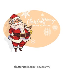 Vector Santa Claus with gold clock in his hand. Isolated on white background. Cartoon style.