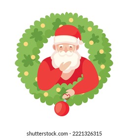 Vector Santa Claus greets you looking out of the evergreen Christmas wreath with ball