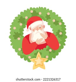 Vector Santa Claus greets you looking out of the evergreen Christmas wreath with star