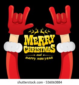 vector Santa Claus hand rock n roll gesture with red hat. Merry Christmas and Happy new year Rock n roll party poster design template or greeting card. Rockstar concept