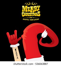 vector Santa Claus hand rock n roll gesture with red hat. Merry Christmas and Happy new year Rock n roll party poster design template or greeting card. Rockstar concept