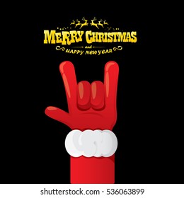 vector Santa Claus hand rock n roll gesture with red hat. Merry Christmas and Happy new year Rock n roll party poster design template or greeting card. Rockstar concept
