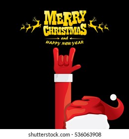 vector Santa Claus hand rock n roll gesture with red hat. Merry Christmas and Happy new year Rock n roll party poster design template or greeting card. Rockstar concept