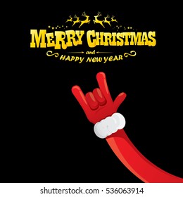 vector Santa Claus hand rock n roll gesture with red hat. Merry Christmas and Happy new year Rock n roll party poster design template or greeting card. Rockstar concept
