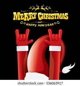 vector Santa Claus hand rock n roll gesture with red hat. Merry Christmas and Happy new year Rock n roll party poster design template or greeting card. Rockstar concept