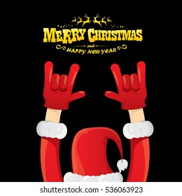 vector Santa Claus hand rock n roll gesture with red hat. Merry Christmas and Happy new year Rock n roll party poster design template or greeting card. Rockstar concept