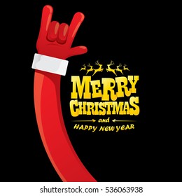 vector Santa Claus hand rock n roll gesture with red hat. Merry Christmas and Happy new year Rock n roll party poster design template or greeting card. Rockstar concept