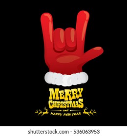 vector Santa Claus hand rock n roll gesture with red hat. Merry Christmas and Happy new year Rock n roll party poster design template or greeting card. Rockstar concept
