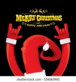 vector Santa Claus hand rock n roll gesture with red hat. Merry Christmas and Happy new year Rock n roll party poster design template or greeting card. Rockstar concept