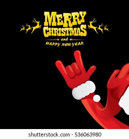 vector Santa Claus hand rock n roll gesture with red hat. Merry Christmas and Happy new year Rock n roll party poster design template or greeting card. Rockstar concept