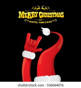 vector Santa Claus hand rock n roll gesture with red hat. Merry Christmas and Happy new year Rock n roll party poster design template or greeting card. Rockstar concept