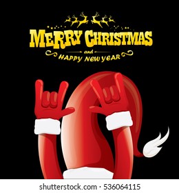 vector Santa Claus hand rock n roll gesture with red hat. Merry Christmas and Happy new year Rock n roll party poster design template or greeting card. Rockstar concept