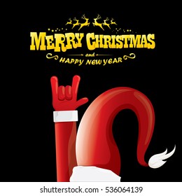 vector Santa Claus hand rock n roll gesture with red hat. Merry Christmas and Happy new year Rock n roll party poster design template or greeting card. Rockstar concept
