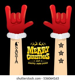 vector Santa Claus hand rock n roll gesture with red hat. Merry Christmas and Happy new year Rock n roll party poster design template or greeting card. Rockstar concept