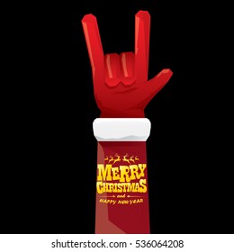 vector Santa Claus hand rock n roll gesture with red hat. Merry Christmas and Happy new year Rock n roll party poster design template or greeting card. Rockstar concept