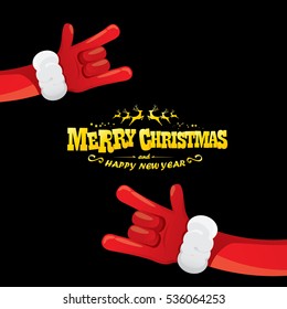 vector Santa Claus hand rock n roll gesture with red hat. Merry Christmas and Happy new year Rock n roll party poster design template or greeting card. Rockstar concept