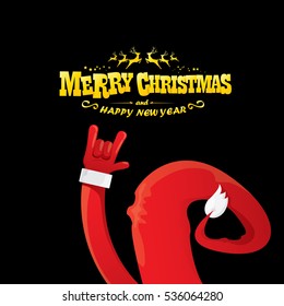 vector Santa Claus hand rock n roll gesture with red hat. Merry Christmas and Happy new year Rock n roll party poster design template or greeting card. Rockstar concept