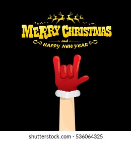 vector Santa Claus hand rock n roll gesture with red hat. Merry Christmas and Happy new year Rock n roll party poster design template or greeting card. Rockstar concept