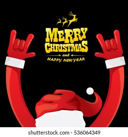 vectorial Santa Claus mano rock en rollo gesto con sombrero rojo. Feliz Navidad y Feliz año nuevo Rock n roll fiesta de diseño de carteles o tarjeta de saludo. Concepto de Rockstar