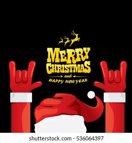 vector Santa Claus hand rock n roll gesture with red hat. Merry Christmas and Happy new year Rock n roll party poster design template or greeting card. Rockstar concept