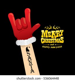 vector Santa Claus hand rock n roll gesture with red hat. Merry Christmas and Happy new year Rock n roll party poster design template or greeting card. Rockstar concept