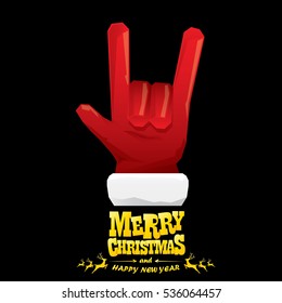 vector Santa Claus hand rock n roll gesture with red hat. Merry Christmas and Happy new year Rock n roll party poster design template or greeting card. Rockstar concept