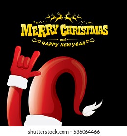 vector Santa Claus hand rock n roll gesture with red hat. Merry Christmas and Happy new year Rock n roll party poster design template or greeting card. Rockstar concept