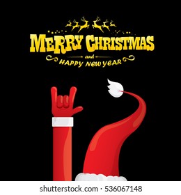vector Santa Claus hand rock n roll gesture with red hat. Merry Christmas and Happy new year Rock n roll party poster design template or greeting card. Rockstar concept
