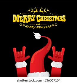 vector Santa Claus hand rock n roll gesture with red hat. Merry Christmas and Happy new year Rock n roll party poster design template or greeting card. Rockstar concept