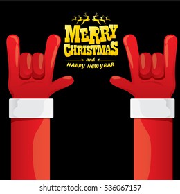 vector Santa Claus hand rock n roll gesture with red hat. Merry Christmas and Happy new year Rock n roll party poster design template or greeting card. Rockstar concept