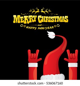 vector Santa Claus hand rock n roll gesture with red hat. Merry Christmas and Happy new year Rock n roll party poster design template or greeting card. Rockstar concept