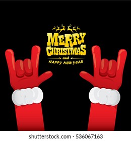 vector Santa Claus hand rock n roll gesture with red hat. Merry Christmas and Happy new year Rock n roll party poster design template or greeting card. Rockstar concept