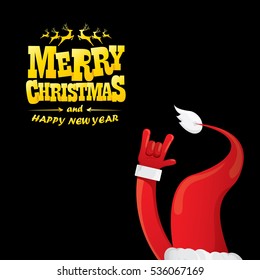 vector Santa Claus hand rock n roll gesture with red hat. Merry Christmas and Happy new year Rock n roll party poster design template or greeting card. Rockstar concept