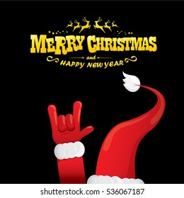 vector Santa Claus hand rock n roll gesture with red hat. Merry Christmas and Happy new year Rock n roll party poster design template or greeting card. Rockstar concept