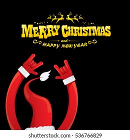 vector Santa Claus hand rock n roll gesture with red hat. Merry Christmas and Happy new year Rock n roll party poster design template or greeting card. Rockstar concept