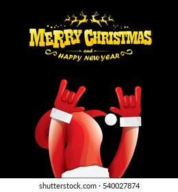 vector Santa Claus hand rock n roll gesture with red hat. Merry Christmas and Happy new year Rock n roll party poster design template or greeting card. Rockstar concept
