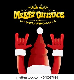 vector Santa Claus hand rock n roll gesture with red hat. Merry Christmas and Happy new year Rock n roll party poster design template or greeting card. Rockstar concept