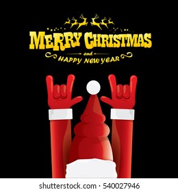 vector Santa Claus hand rock n roll gesture with red hat. Merry Christmas and Happy new year Rock n roll party poster design template or greeting card. Rockstar concept